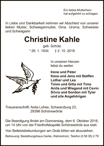 Traueranzeige von Christine Kahle von Uelzen