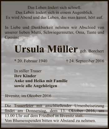 Traueranzeige von Ursula Müller von Uelzen