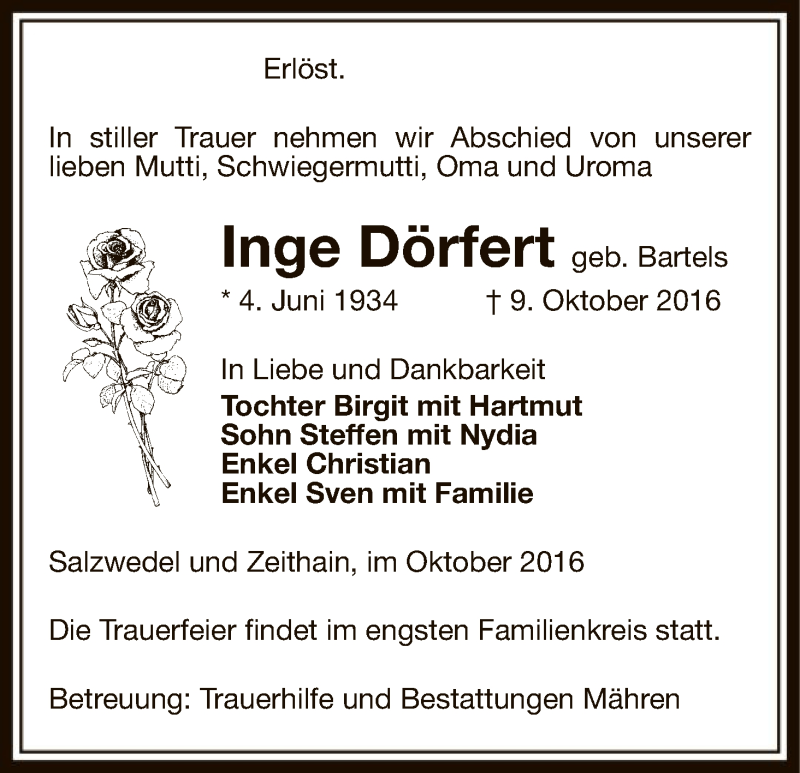  Traueranzeige für Inge Dörfert vom 12.10.2016 aus Uelzen