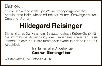 Traueranzeige von Hildegard Reisinger von Uelzen