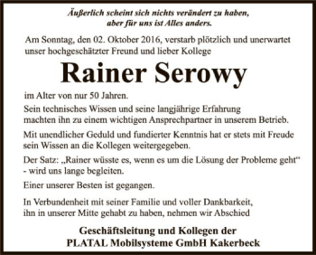 Traueranzeige von Rainer Serowy von Uelzen