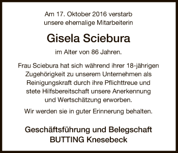 Traueranzeige von Gisela Sciebura von Uelzen
