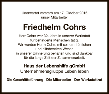 Traueranzeige von Friedhelm Cohrs von Uelzen