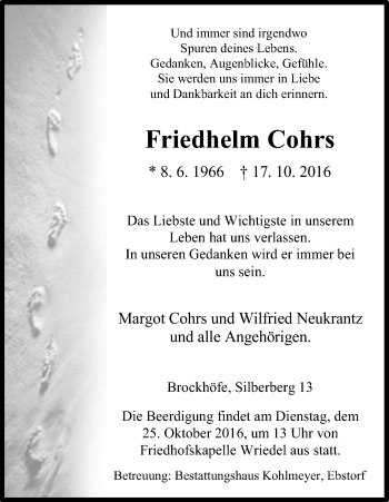 Traueranzeige von Friedhelm Cohrs von Uelzen