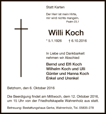 Traueranzeige von Willi Koch von Uelzen