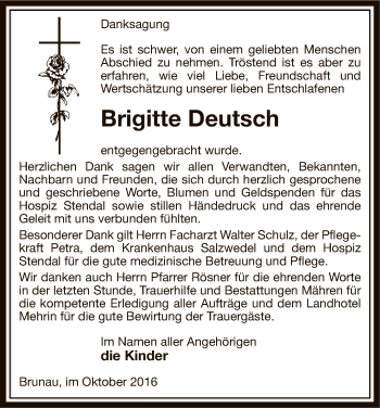 Traueranzeige von Brigitte Deutsch von Uelzen