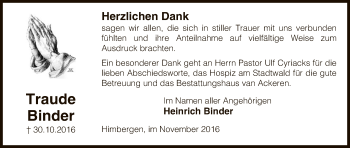 Traueranzeige von Traude Binder von Uelzen