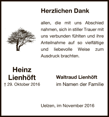 Traueranzeige von Heinz Lienhöft von Uelzen