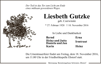 Traueranzeige von Lisbeth Gutzke von Uelzen