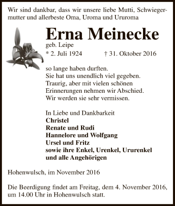 Traueranzeige von Erna Meinecke von Uelzen