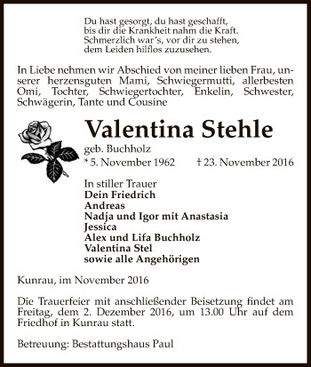 Traueranzeige von Valentina Stehle von Uelzen