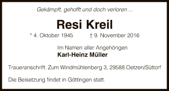Traueranzeige von Resi Kreil von Uelzen