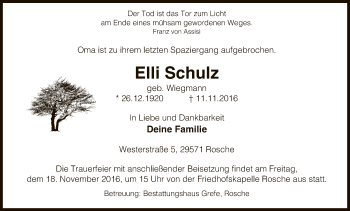 Traueranzeige von Elli Schulz von Uelzen