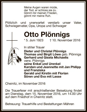 Traueranzeige von Otto Plönnigs von Uelzen