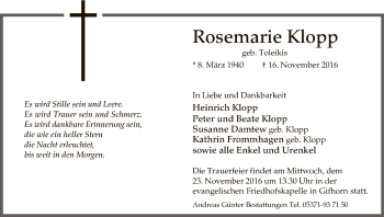 Traueranzeige von Rosemarie Klopp von Uelzen