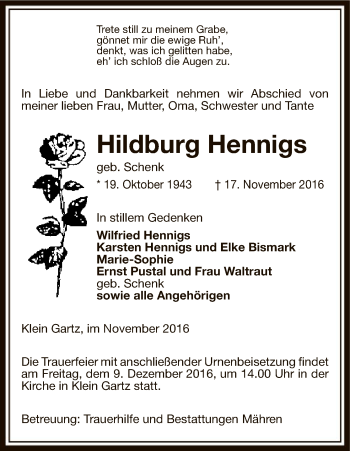 Traueranzeige von Hildburg Hennigs von Uelzen