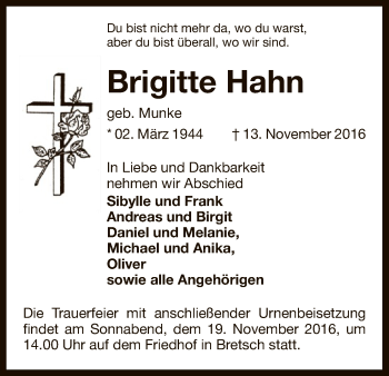 Traueranzeige von Brigitte Hahn von Uelzen