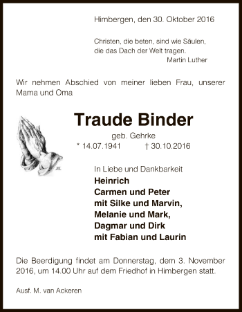 Traueranzeige von Traude Binder von Uelzen