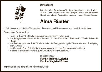 Traueranzeige von Alma Rüster von Uelzen