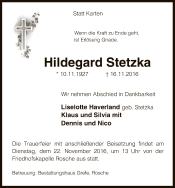 Traueranzeige von Hildegard Stetzka von Uelzen