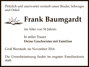 Traueranzeige von Frank Baumgardt von Uelzen