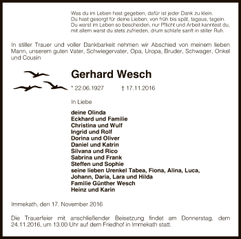 Traueranzeige von Gerhard Wesch von Uelzen