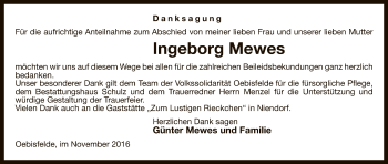 Traueranzeige von Ingeborg Mewes von Uelzen