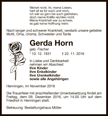 Traueranzeige von Gerda Horn von Uelzen