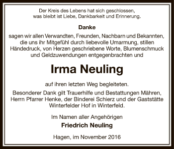 Traueranzeige von Irma Neuling von Uelzen