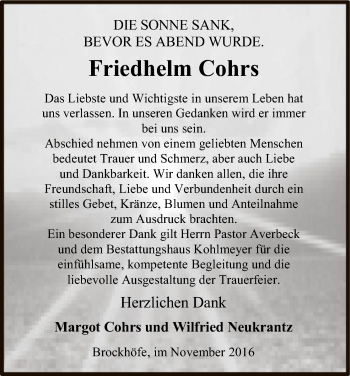 Traueranzeige von Friedhelm Cohrs von Uelzen