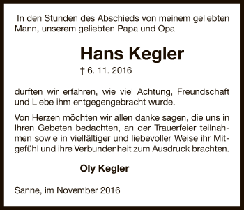 Traueranzeige von Hans Kegler von Uelzen