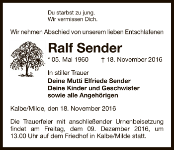 Traueranzeige von Ralf Sender von Uelzen