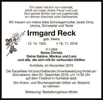 Traueranzeige von Irmgard Reck von Uelzen