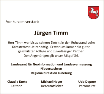 Traueranzeige von Jürgen Timm von Uelzen