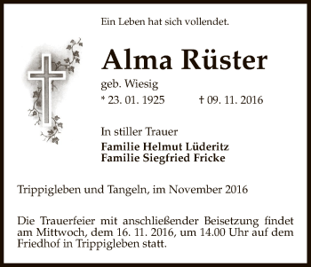 Traueranzeige von Alma Rüster von Uelzen