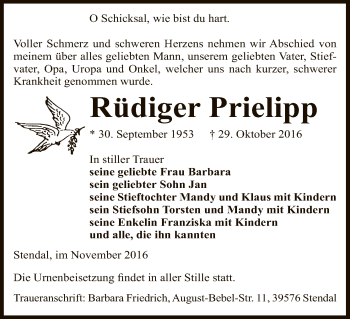 Traueranzeige von Rüdiger Prielipp von Uelzen