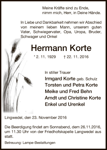 Traueranzeige von Hermann Korte von Uelzen