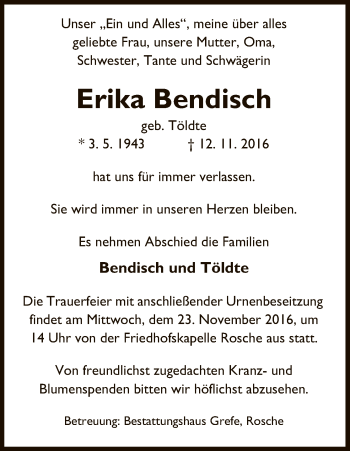 Traueranzeige von Erika Bendisch von Uelzen