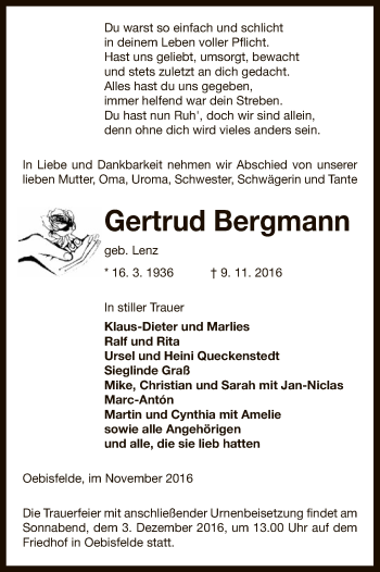 Traueranzeige von Gertrud Bergmann von Uelzen