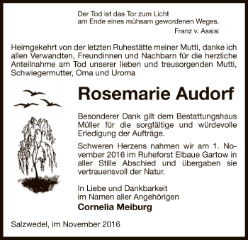 Traueranzeige von Rosemarie Audorf von Uelzen