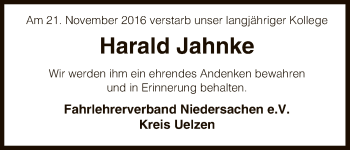 Traueranzeige von Harald Jahnke von Uelzen