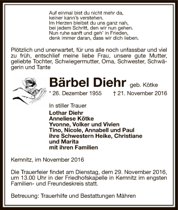 Traueranzeige von Bärbel Diehr von Uelzen