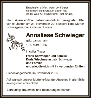 Traueranzeige von Annaliese Schwieger von Uelzen