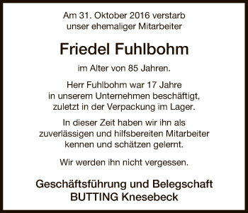 Traueranzeige von Friedel Fuhlbohm von Uelzen