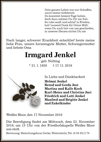 Traueranzeige von Irmgard Jenkel von Uelzen