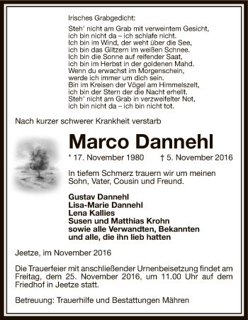 Traueranzeige von Marco Dannehl von Uelzen