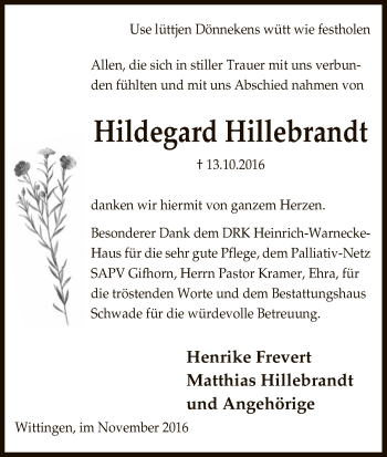 Traueranzeige von Hildegard Hillebrandt von Uelzen