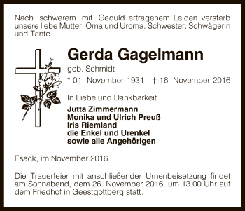 Traueranzeige von Gerda Gagelmann von Uelzen