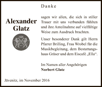 Traueranzeige von Alexander Glatz von Uelzen