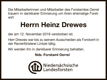 Traueranzeige von Heinz Drewes von Uelzen